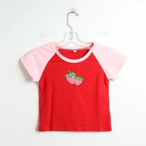 Strawberry print cropped top fun graphic t-shirt cotton red pink short sleeve S